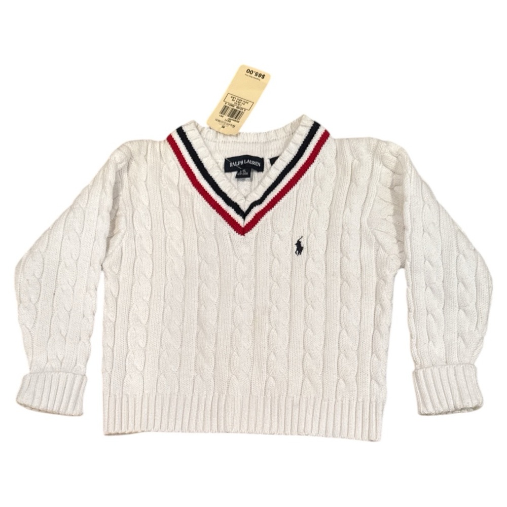 RALPH LAUREN polo pony v-neck cable knit 100% cotton sweater L Xl 18m- 24m NWT